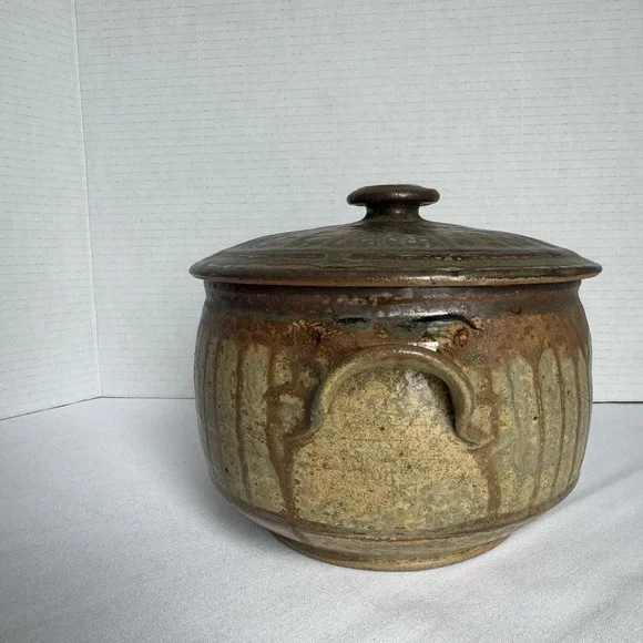 Studio Pottery Lidded Casserole Dish Signed Drip Glaze Earth Tone MCM Organic - Picture 7 of 12